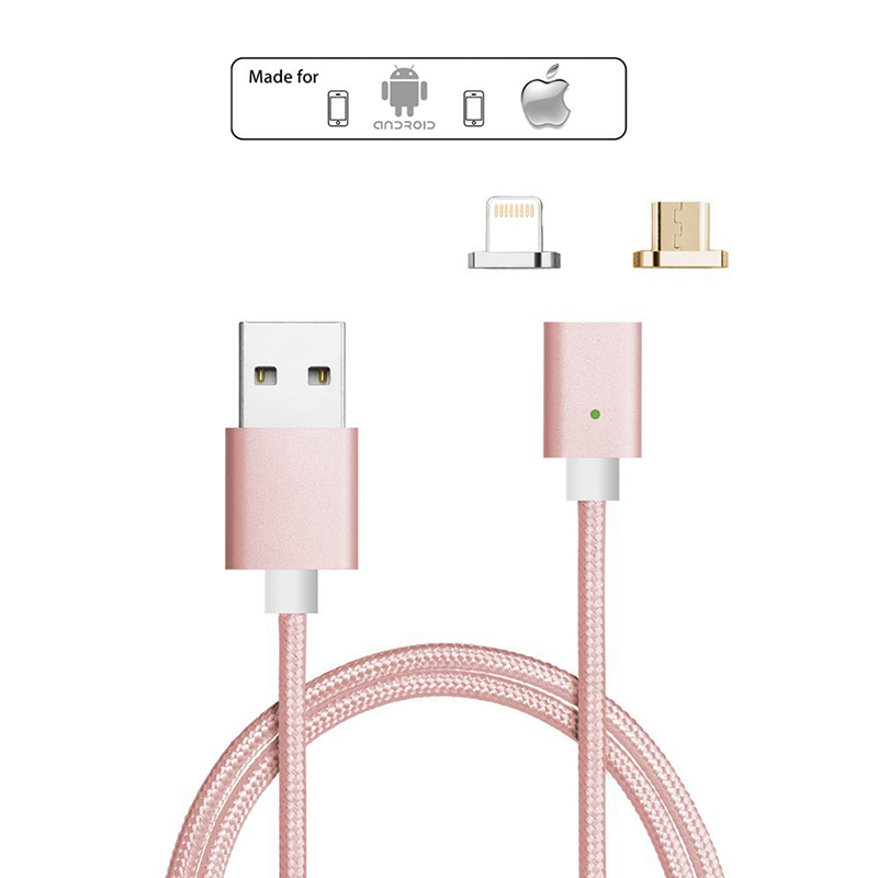 1m Magnetic Knit Woven Charge Cable Compatible with 8Pin Android V8 Magnetic Adapter - Rose Gold