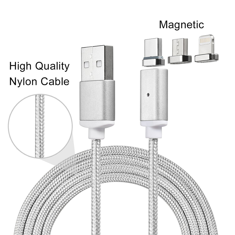 Micro USB Type-C 8Pin Magnetic Lead Cord Knit Braided Charging Cable For Samsung Xiaomi HTC iPhones - Silver
