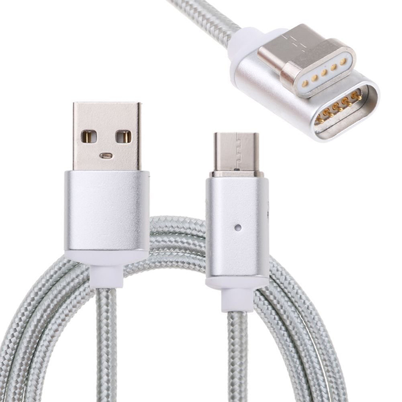 1M Magnetic Type-C USB Knit Braided Charging Cable Charger for Samsung Le Huawei - Silver