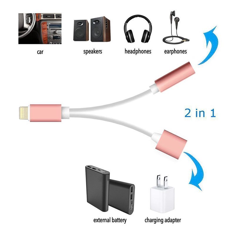 2 in 1 iPhone 7/7 Plus 8 pin to 3.5mm Earphone Stereo Jack Cable Adapter Compatible with IOS 10.3 System - Rose Gold