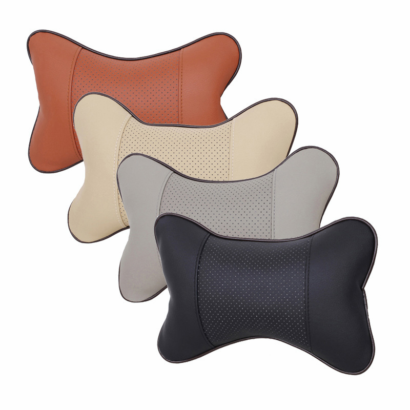 Car Seat Neck Pillow PU Leather Hole-digging Breathable Car Headrest Neck Supporter - Beige