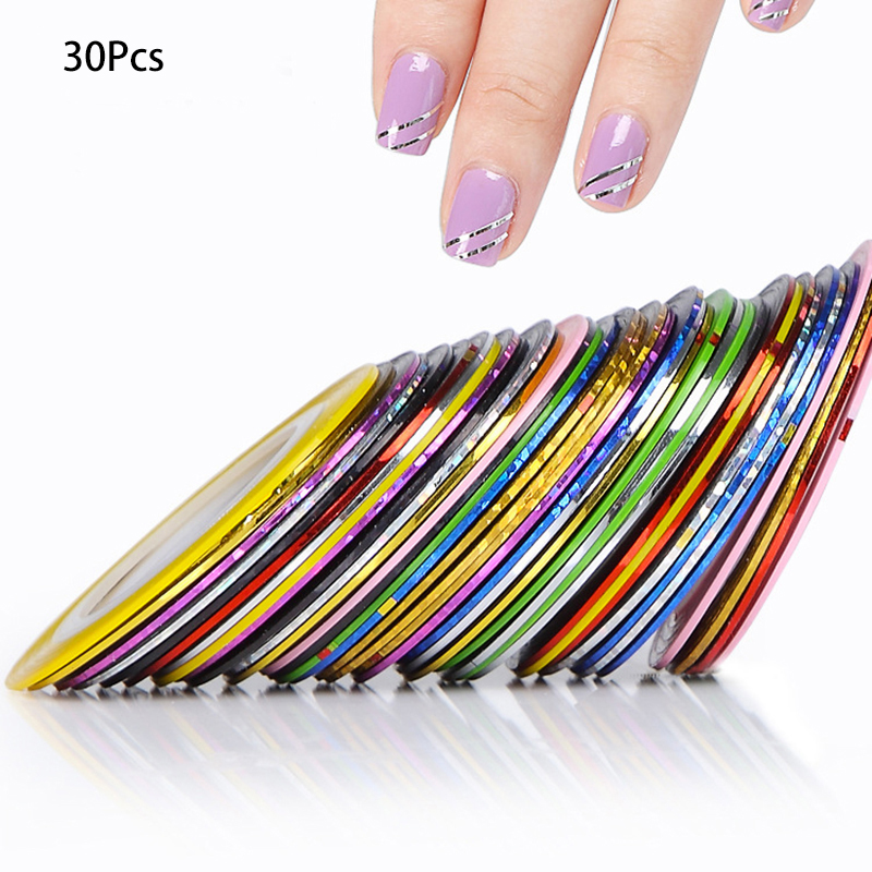 30Pcs Mixed Colorful Beauty Rolls Striping Decals Foil Art Stickers for Nail Decorations Tools