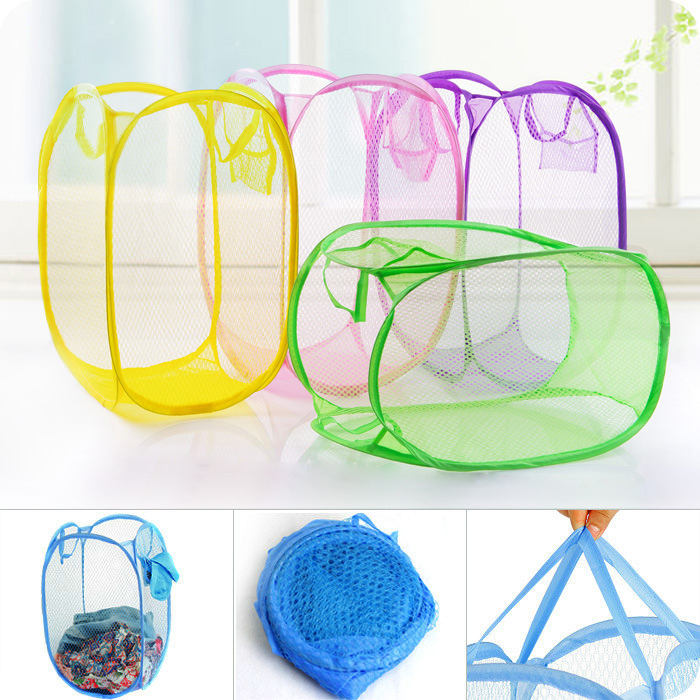 Foldable Mesh Washing Laundry Basket Bag Bin Handle Toy Tidy Storage - Blue