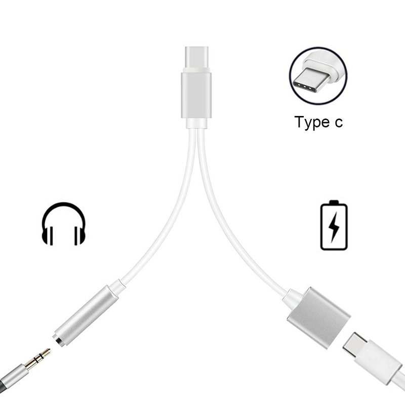 Type C to 3.5mm Headphone Jack Audio Adapter Charger Cable 2 in 1 USB C Adapter - Silver