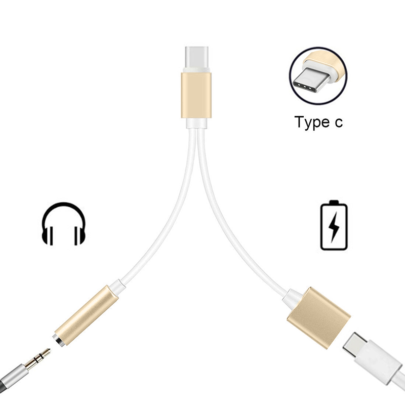 Type C to 3.5mm Headphone Jack Audio Adapter Charger Cable 2 in 1 USB C Adapter - Gold