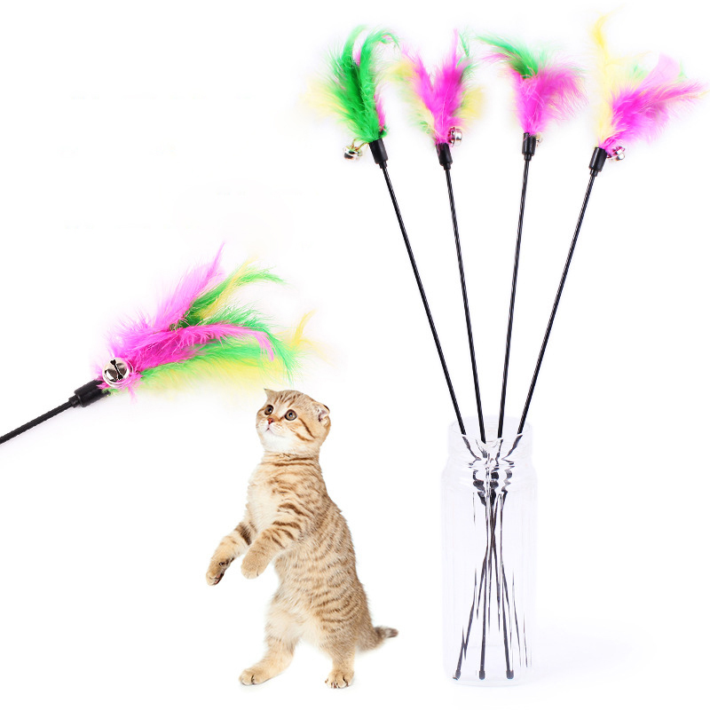 Kitten Cat Toy Colourful Feather Teaser Bell Feather Play Pet Dangler Wand