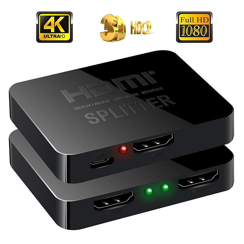 HD 4K 2 Port HDMI Splitter 1x2 Repeater Amplifier Hub 1 In 2 Out 1080P 3D Adapter - Black