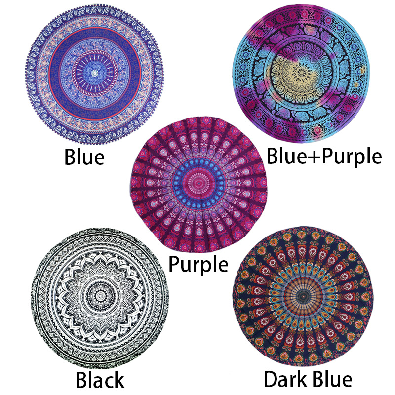 Bohemian Mandala Round Beach Tapestry Hippie Throw Yoga Mat Towel - Blue + Purple