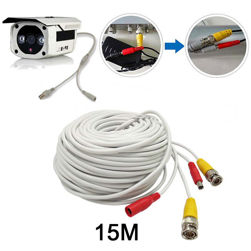 15M CCTV Pre-made Cable BNC to DC Video Camera Surveillance Power Extended Cable - White