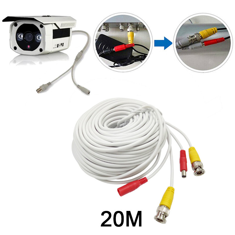 20M CCTV Pre-made Cable BNC to DC Video Camera Surveillance Power Extended Cable - White