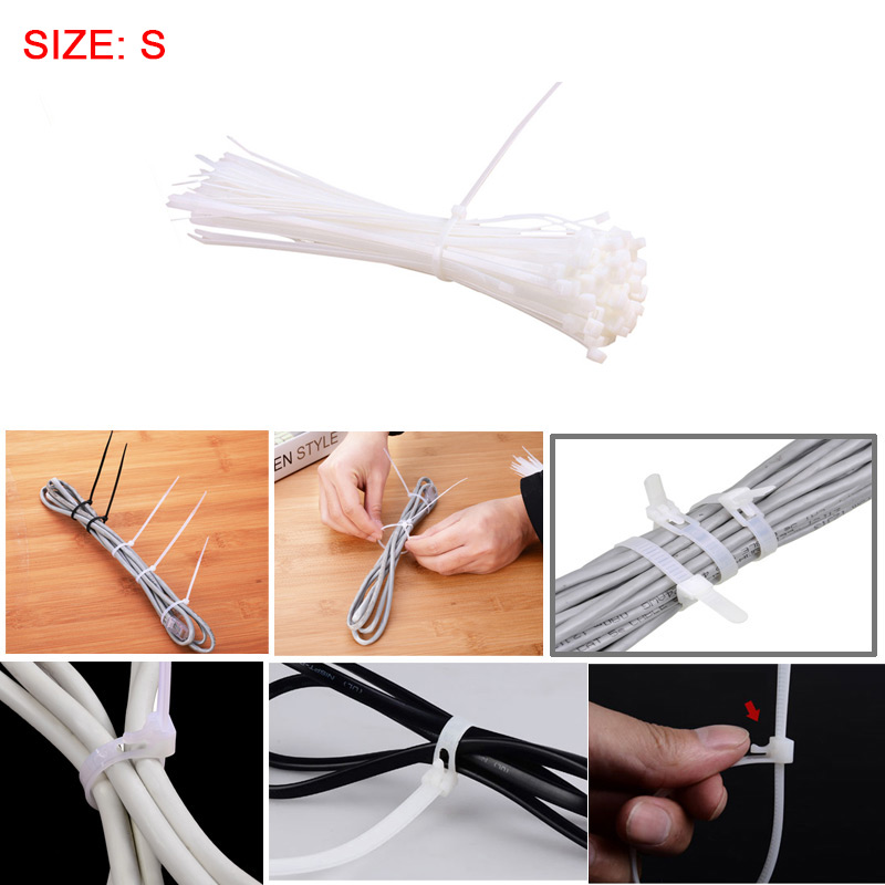100pcs Long Cable Ties Nylon Zip Tie Wrps Tidy Cable Tools Size S - White