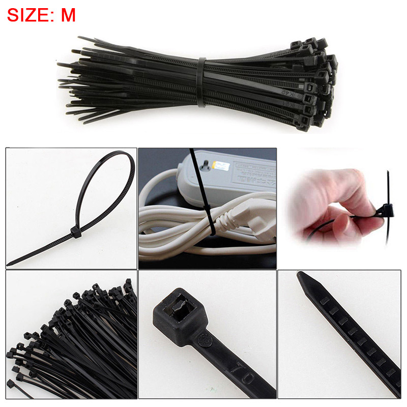 100pcs Nylon Plastic Cable Ties Long Extra Large Zip Ties Wrap Size M - Black