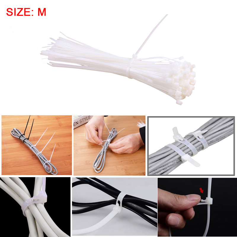 100pcs Long Cable Ties Nylon Zip Tie Wrps Tidy Cable Tools Size M - White