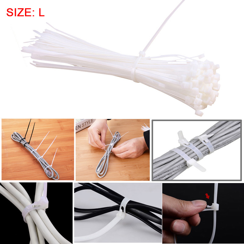 100pcs Long Cable Ties Nylon Zip Tie Wrps Tidy Cable Tools Size L - White