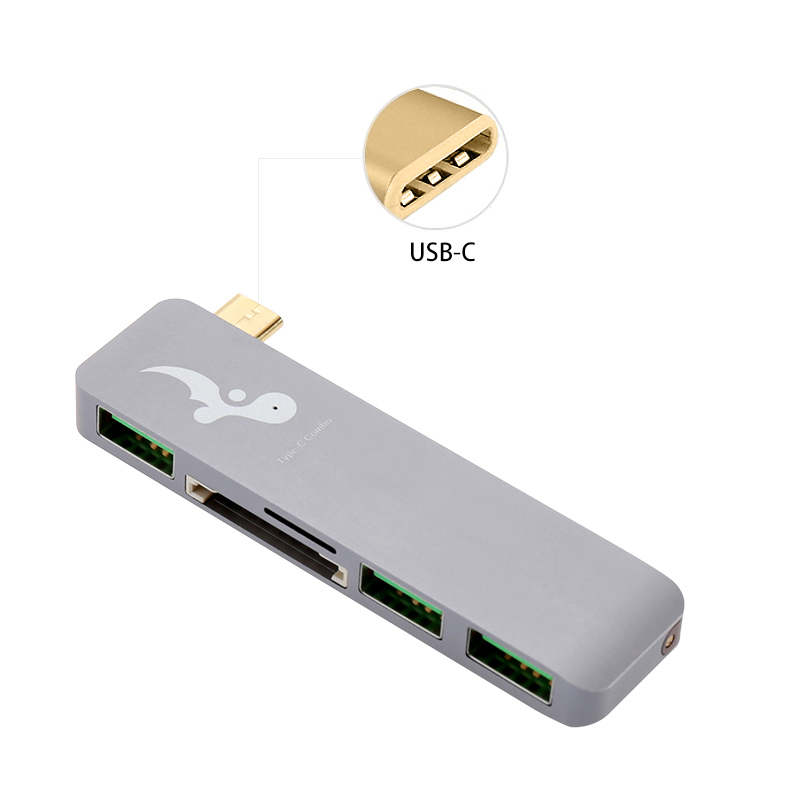 Slim Aluminum Type-C Multi-Port Hub Adapter with SD TF Card Readed for Macbook - Gray