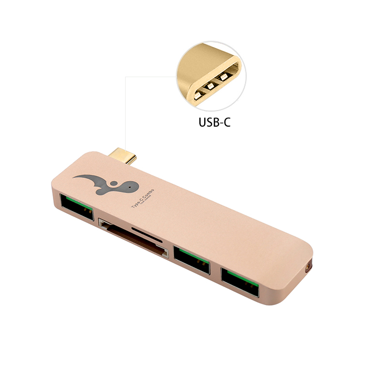 Slim Aluminum Type-C Multi-Port Hub Adapter with SD TF Card Readed for Macbook - Gold