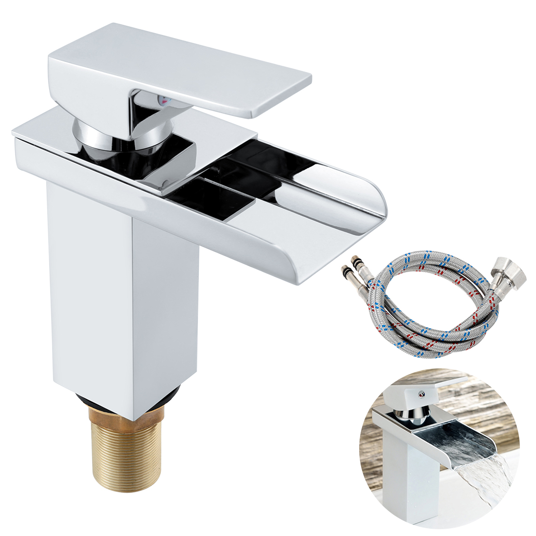 Bathroom Cloakroom Waterfall Basin Sink Mixer Tap Square Chrome Tap with Pipe