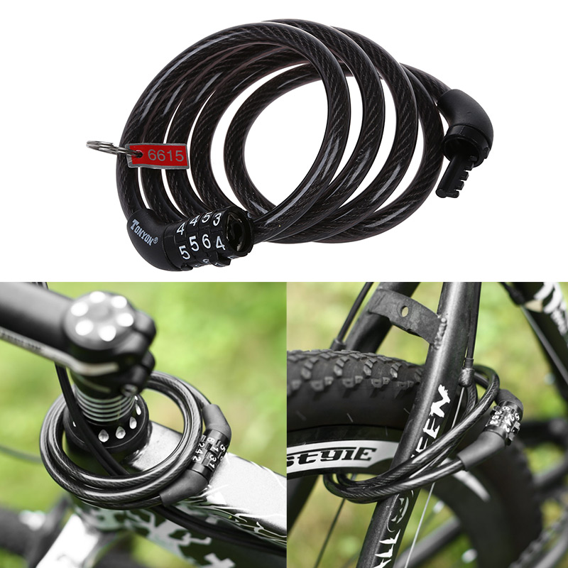 Bicycle Bike Coded Lock Spiral Steel Cable Anti-theft Combination Lock - Black