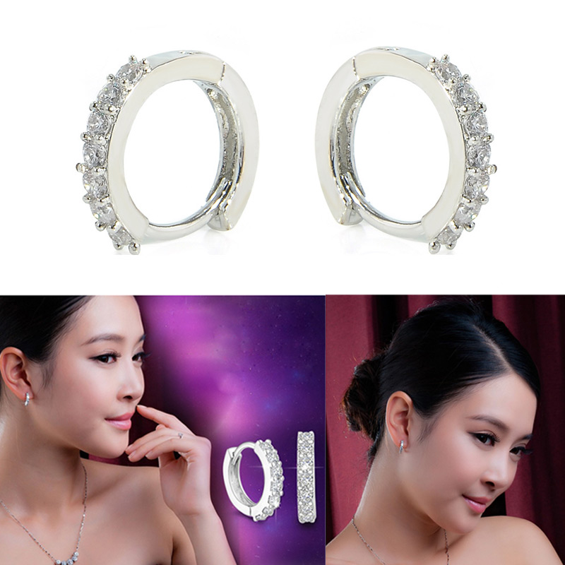 Women's Charm Crystal Silver Stud Hoop Earrings Jewelry Shiny Ear Clip