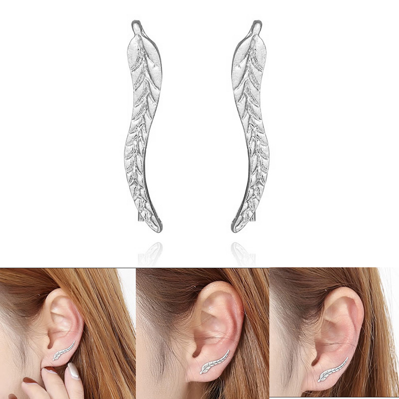 Women's Elegant Metal Leaf Earrings Long Pattern Ear Clip - Silver