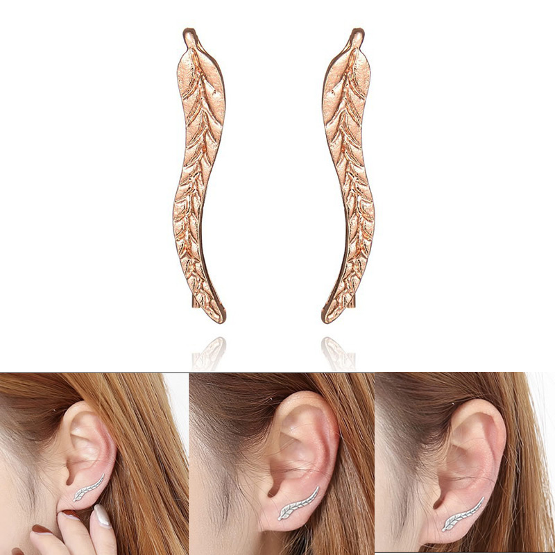 Women's Elegant Metal Leaf Earrings Long Pattern Ear Clip - Gold