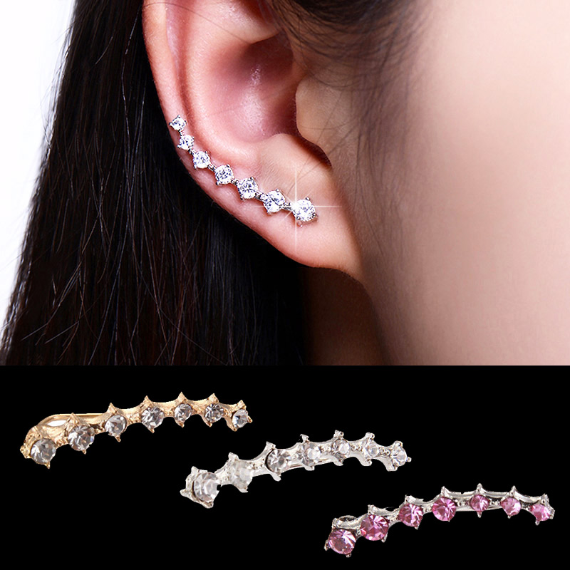 Womens Fashion Rhinestone Shiny Crystal Earrings Ear Hook Stud Jewelry - Silver