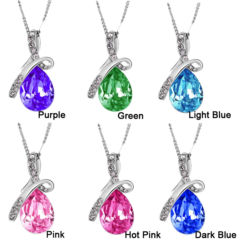 Fashion Silver Chain Crystal Rhinestone Pendant Necklace Jewelry for Women - Light Blue