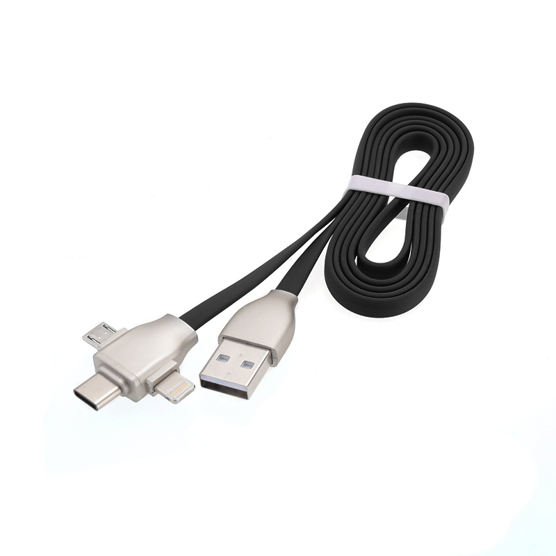 1M 3 in 1 Charge Lead Cord 8 pin Micro USB Type-C Charger Flat Noddle Charge Cable for iPhone Android Phones - Black
