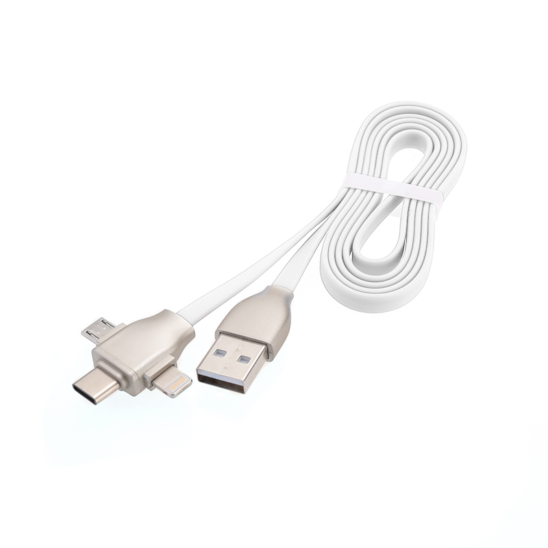 1M 3 in 1 Charge Lead Cord 8 pin Micro USB Type-C Charger Flat Noddle Charge Cable for iPhone Android Phones - White