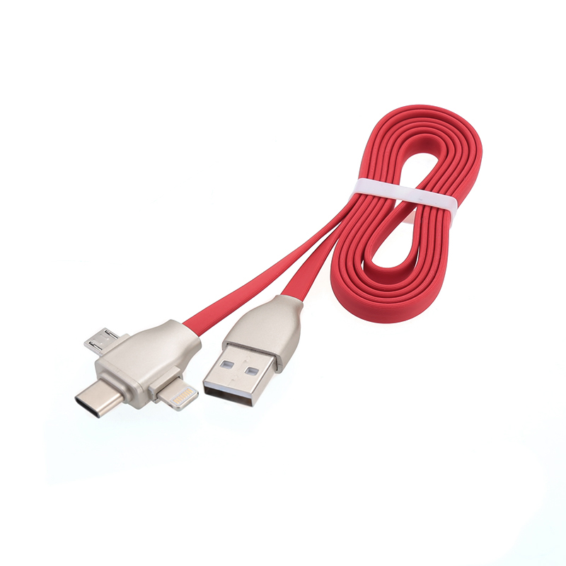 1M 3 in 1 Charge Lead Cord 8 pin Micro USB Type-C Charger Flat Noddle Charge Cable for iPhone Android Phones - Red