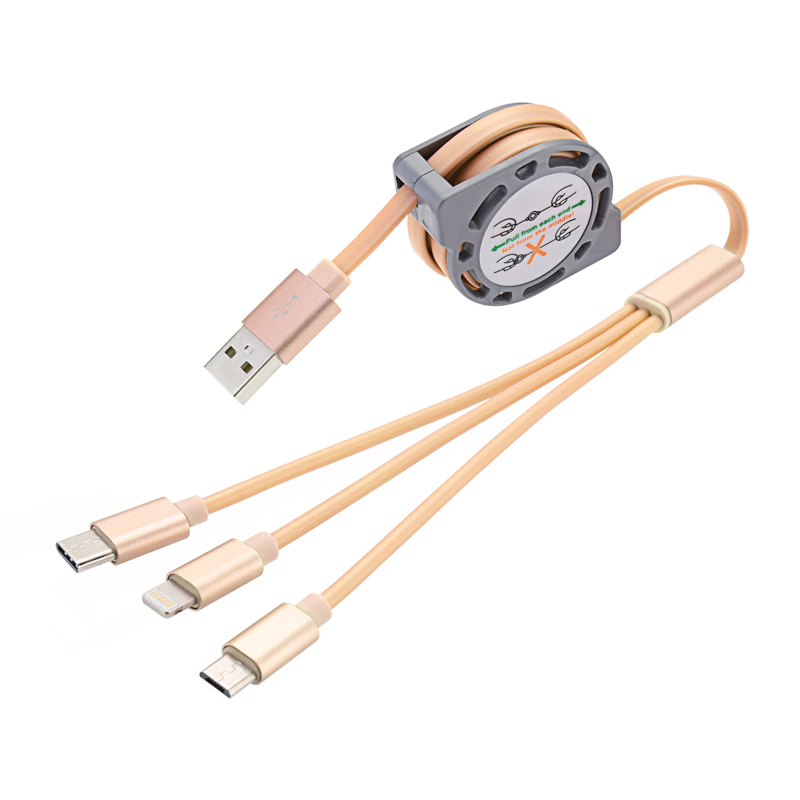 1M Multifunctional 3 in 1 Type C Micro USB 8 pin Charge Cable Stretchable Data Cable Charger - Golden