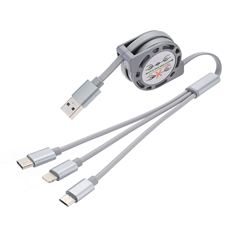 1M Multifunctional 3 in 1 Type C Micro USB 8 pin Charge Cable Stretchable Data Cable Charger - Gray