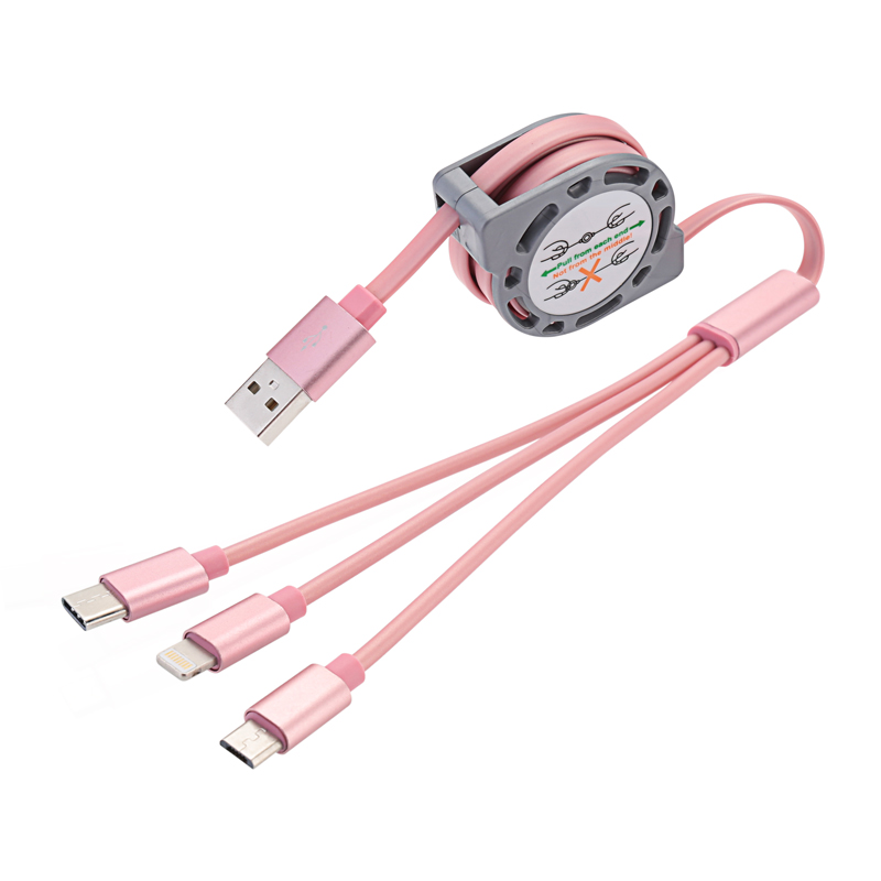 1M Multifunctional 3 in 1 Type C Micro USB 8 pin Charge Cable Stretchable Data Cable Charger - Rose Golden