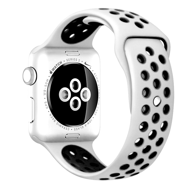 42mm Apple Watch Band Soft Silicone Sports Replacement with Ventilation Holes Band for iWatch - White + Black