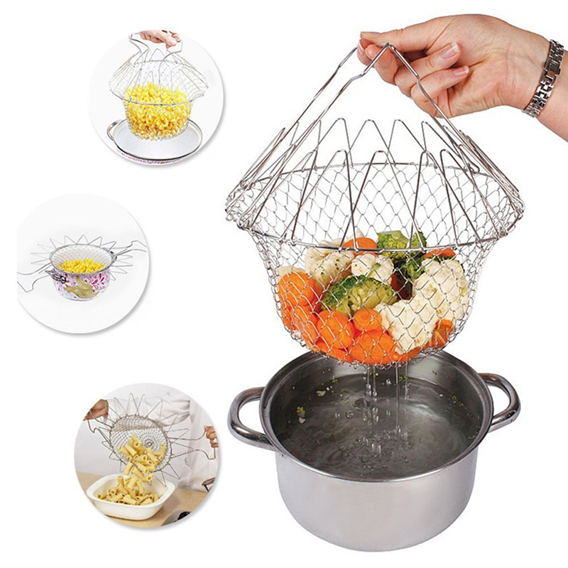 Durable Foldable Steam Rinse Strain Fry Chef Basket Strainer for Kitchen Cooking