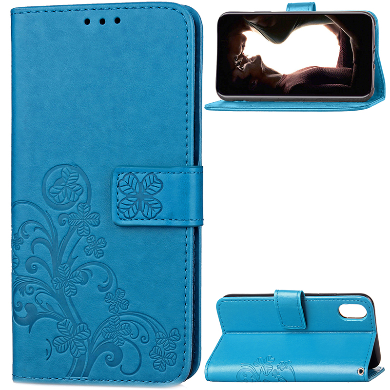 Solid Colour Four-Leaf Clover Pattern Stand Wallet Case for iPhone X/XS - Blue