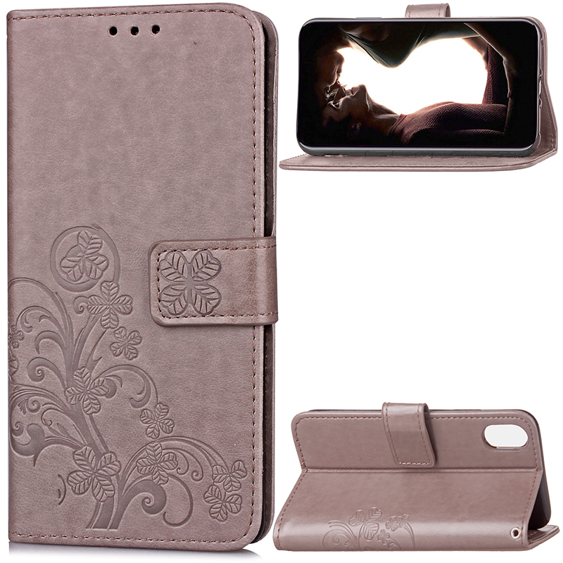 Solid Colour Four-Leaf Clover Pattern Stand Wallet Case for iPhone X/XS - Gray