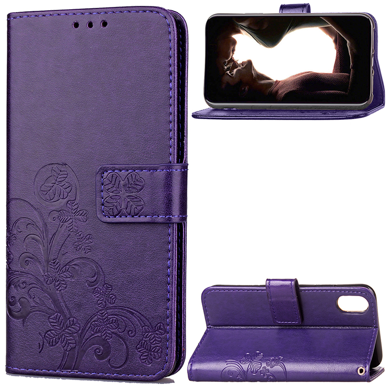 Solid Colour Four-Leaf Clover Pattern Stand Wallet Case for iPhone X/XS - Purple