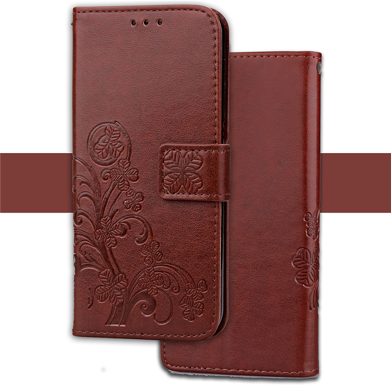 Solid Colour Four-Leaf Clover Pattern Stand Wallet Case for iPhone X/XS - Brown