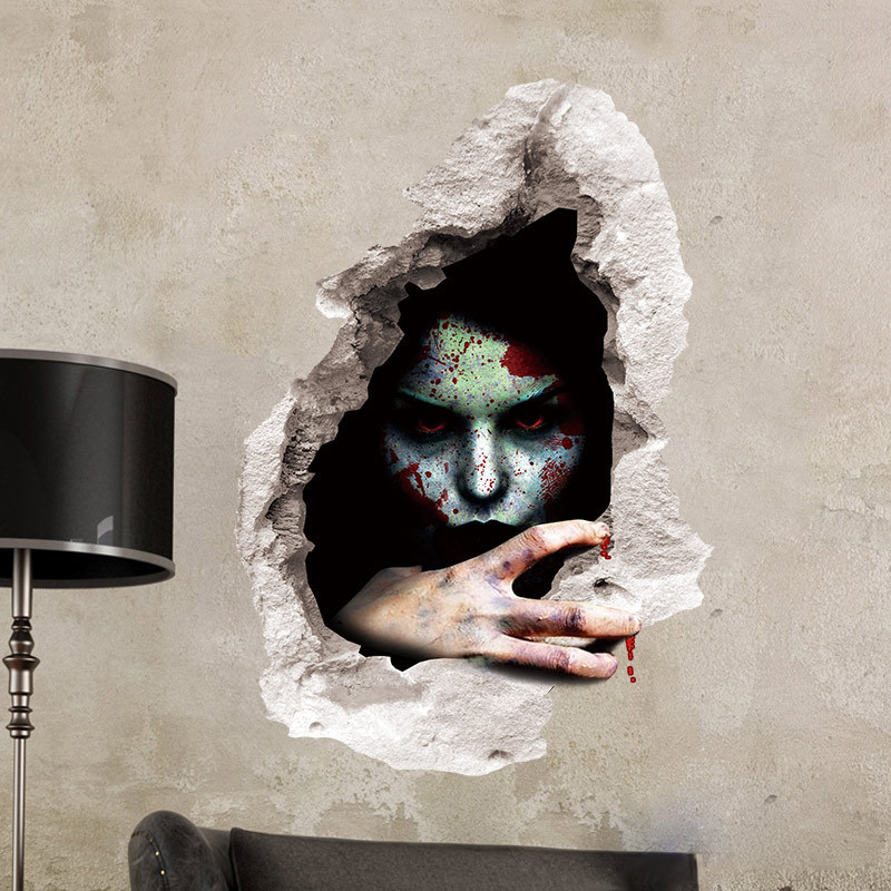 3D Halloween Ghost Wall Sticker Horror Bloody Female Breaking Wall Decor 