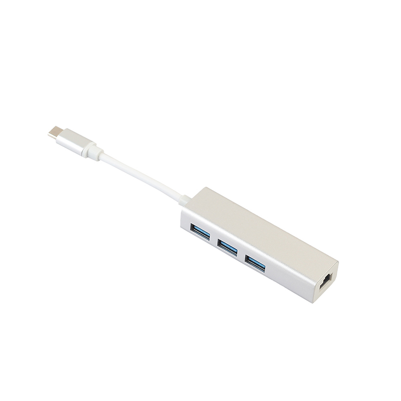 Aluminum USB 3.1 Type C to 3-Port USB 3.0 Hub with RJ45 10/100/1000 Gigabit Ethernet Network Adapter - Silver