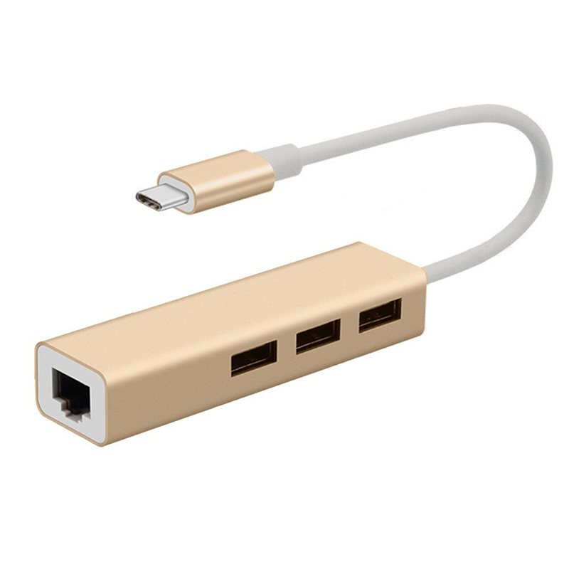 Aluminum USB 3.1 Type C to 3-Port USB 3.0 Hub with RJ45 10/100/1000 Gigabit Ethernet Network Adapter - Golden