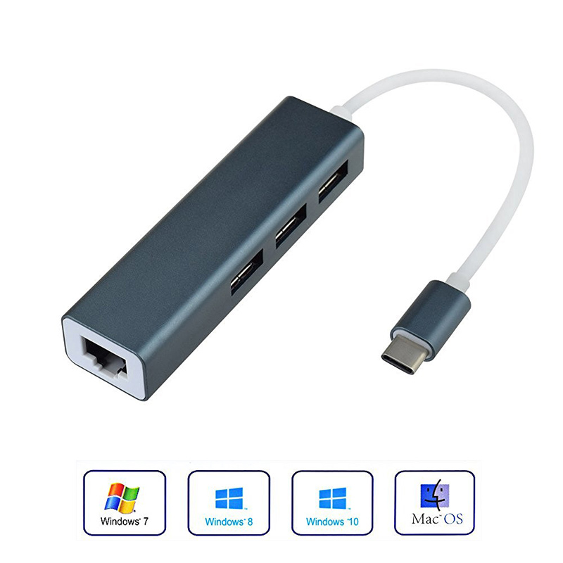 Aluminum USB 3.1 Type C to 3-Port USB 3.0 Hub with RJ45 10/100/1000 Gigabit Ethernet Network Adapter - Dark Gray
