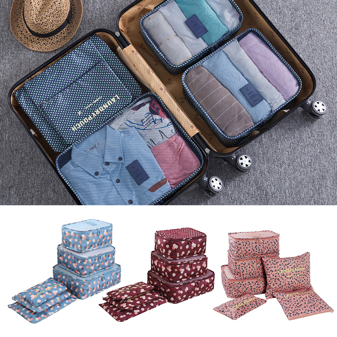 6Pcs Clothes Storage Bags Set Cube Daisy Printed Travel Home Luggage Organizer Pouch - Wine Red