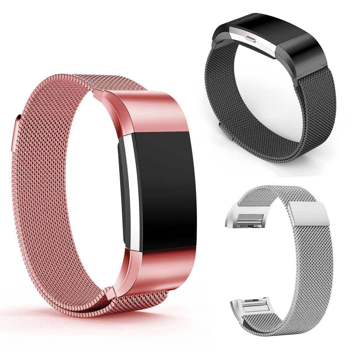 Milanese Magnetic Loop Stainless Steel Strap Watch Band for Fitbit Charge 2 - Rose Pink