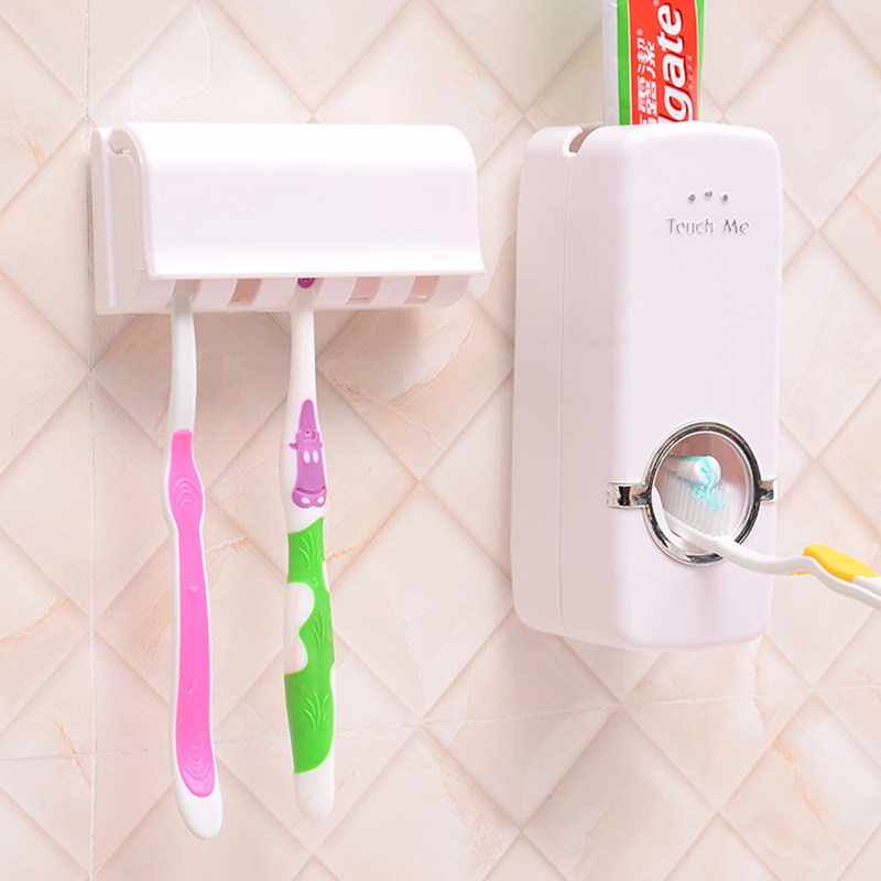 Automatic Toothpaste Dispenser + 5 Toothbrush Holder Stand Wall Mounted for Bathroom - White