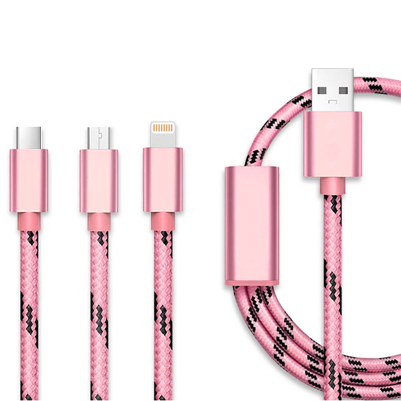 0.3M 3 in 1 8 pin Micro USB Type-C Data Knit Charging Cable for iPhone X 8 Samsung Huawei - Rose Golden