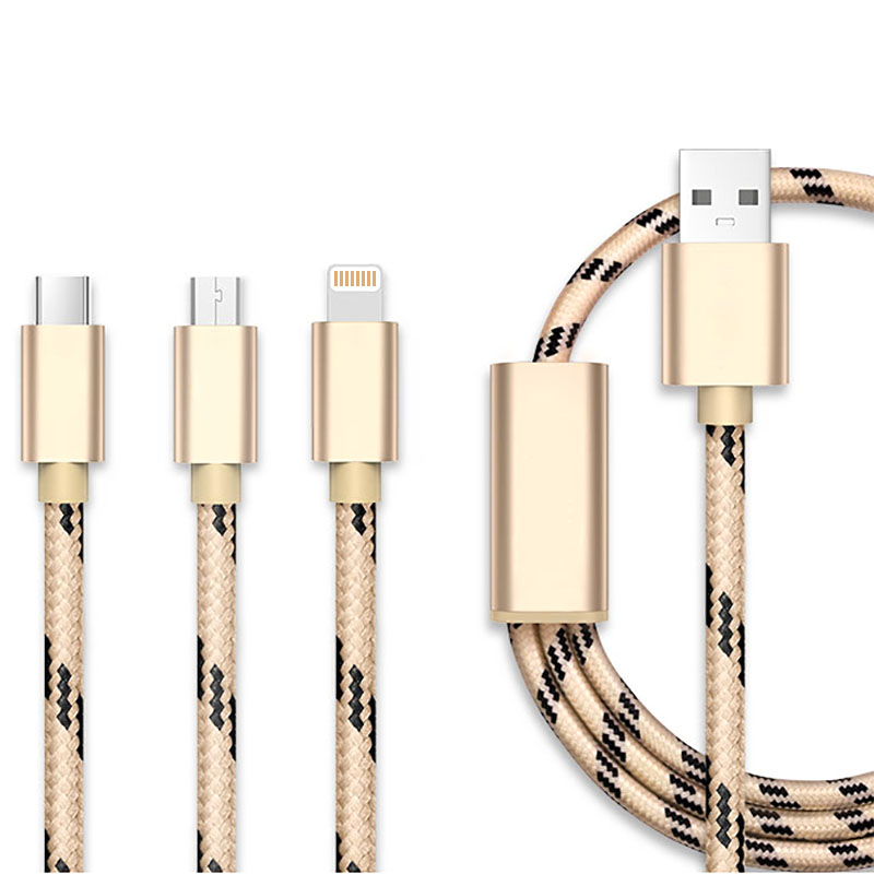 0.3M 3 in 1 8 pin Micro USB Type-C Data Knit Charging Cable for iPhone X 8 Samsung Huawei - Golden