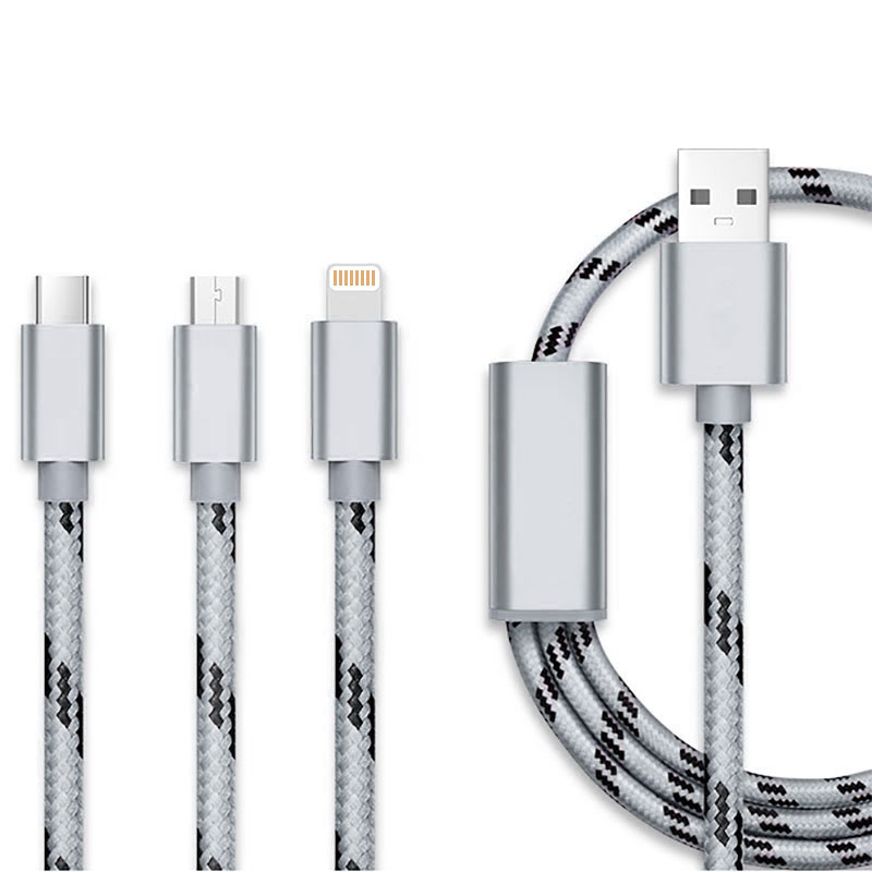 0.3M 3 in 1 8 pin Micro USB Type-C Data Knit Charging Cable for iPhone X 8 Samsung Huawei - Gray