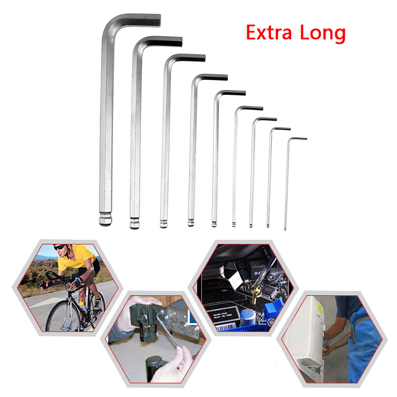 9PCS Ball-end Inner Hexagon Allen Six Wrench L-Type Chrome Spanner Set Suction Card Pack - Extra Length